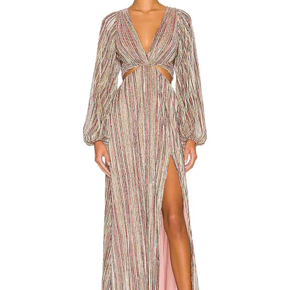 House of Harlow 1960 Gold and Silver Pleated Gown with Plunge Neckline Revolve